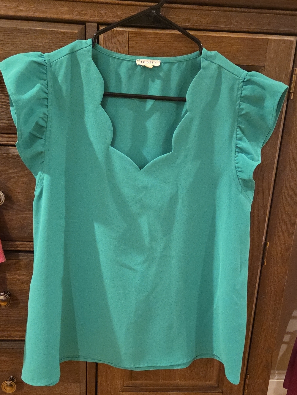 JODIFL Teal Scalloped V-Neck Cap-Sleeve Blouse
